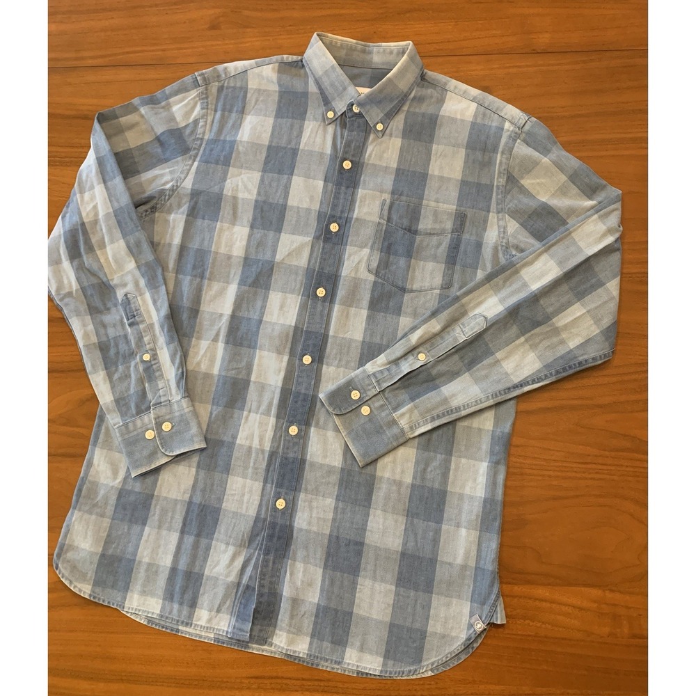Peter Millar Chambray Windowpane Plaid Shirt Mens M Blue Cotton Button Down